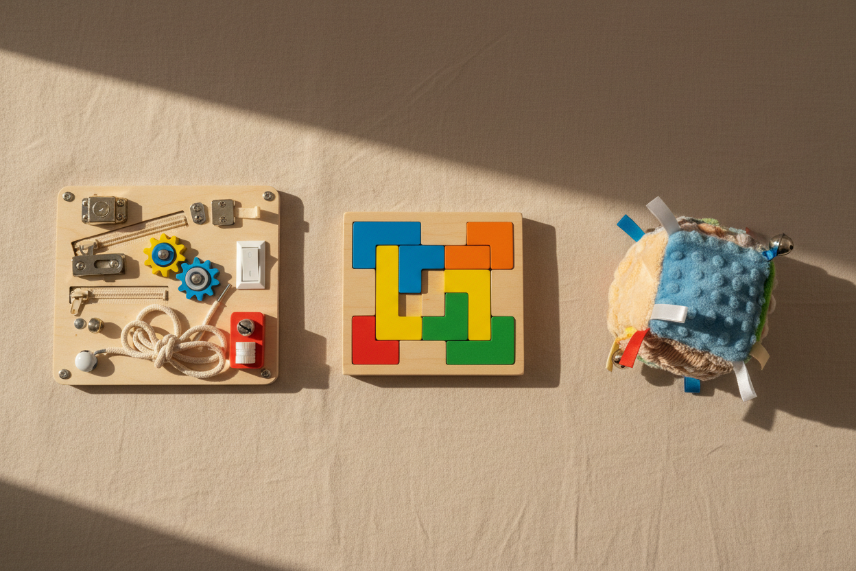 Upload ONE main image that shows all items together. (wooden tetris puzzel, busy board, sensory toy) all are products in my back office

✔ Flat lay
✔ Neutral background
✔ Warm lighting